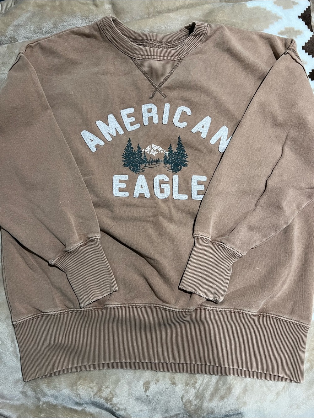 American Eagle Taupe Brown Oversize Pullover Sweatshirt with White Appliqué